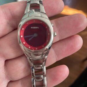 Fossil Silver and Red Watch with Oval Face and Metal Band